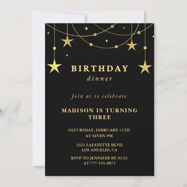 Black 3rd birthday invitations Gold Stars (Front)