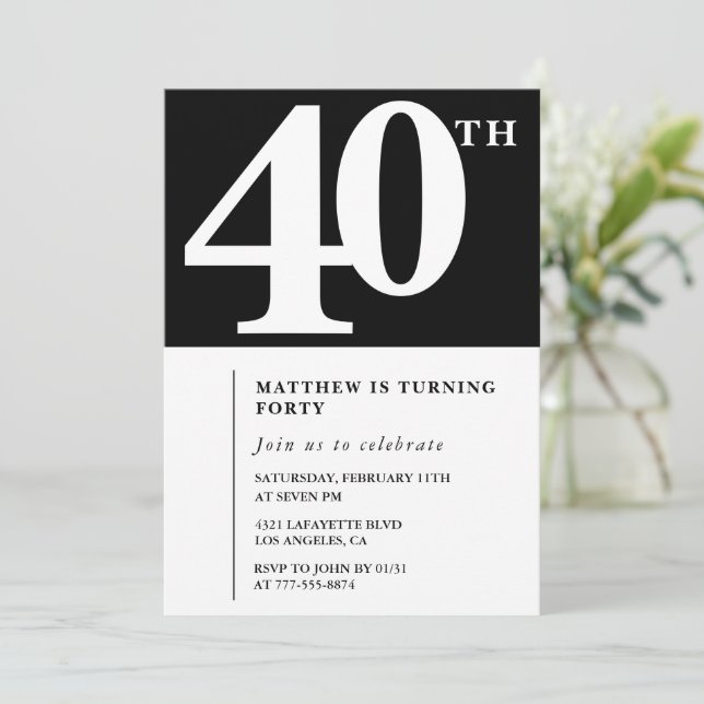 Black 40th birthday invitation Elegant Chic Simple (Standing Front)