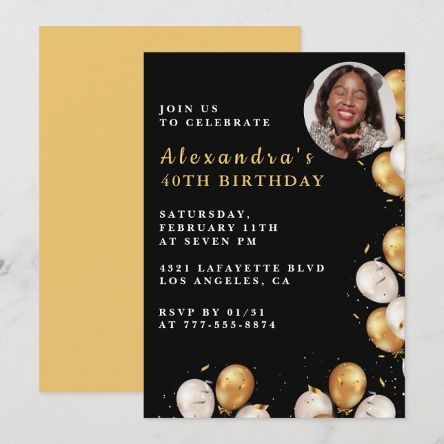 Black 40th birthday invitation Gold Balloon Photo  (Front/Back)