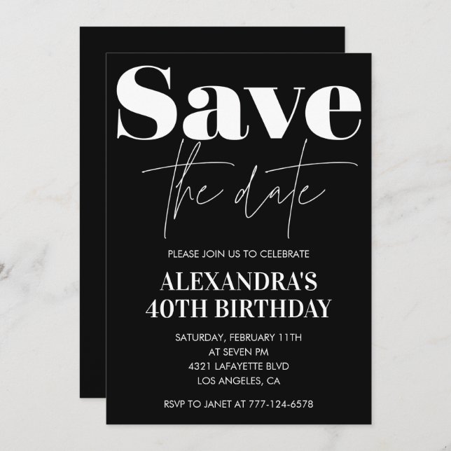 Black 40th birthday invitation Save the date White (Front/Back)