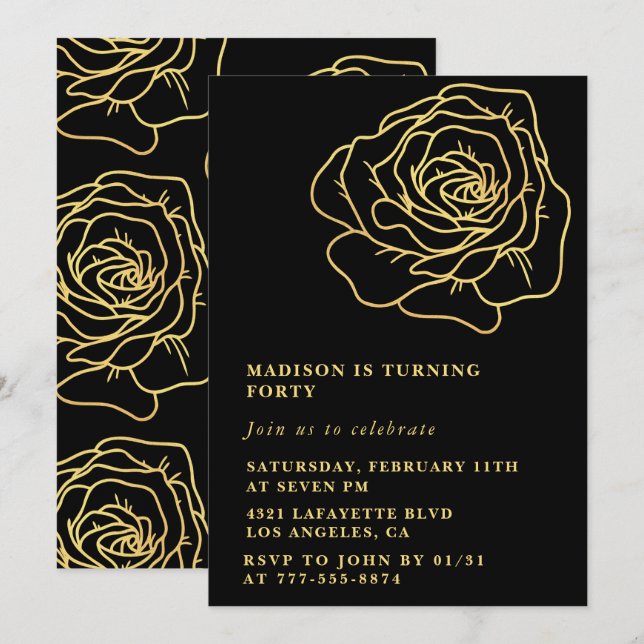 Black 40th birthday invitations Gold Flowers (Front/Back)