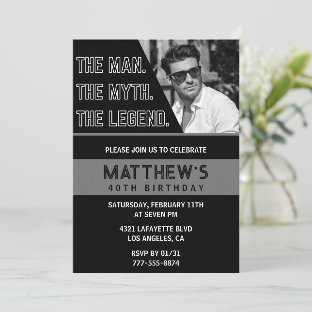 Black 40th birthday invitations The Man The Legend (Standing Front)