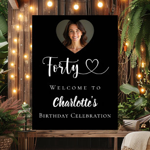 Black 40th birthday party photo heart welcome poster
