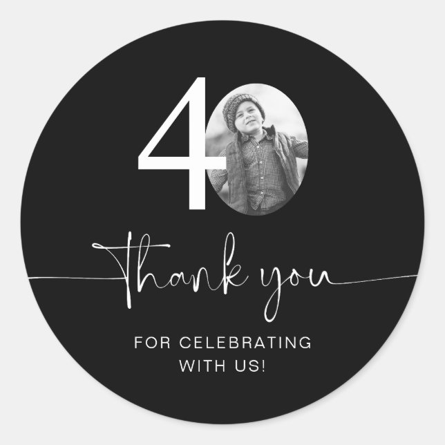 Black 40th Birthday Thank You Classic Round Sticker (Front)