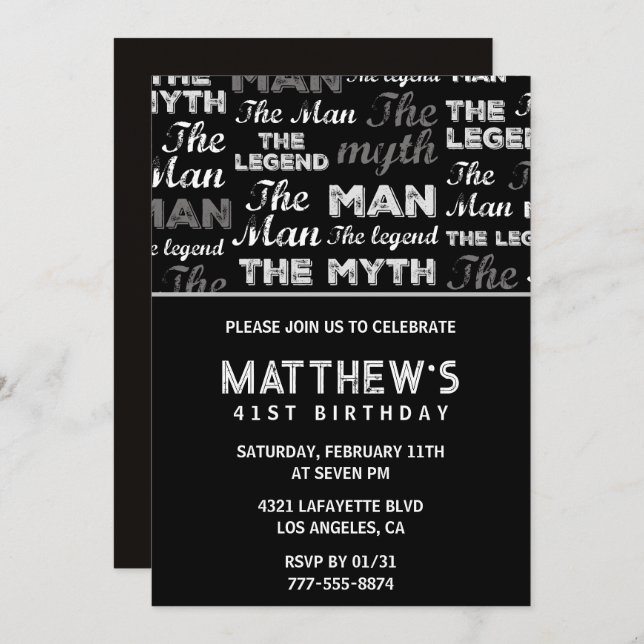 Black 41st birthday invitation for him Myth Legend (Front/Back)