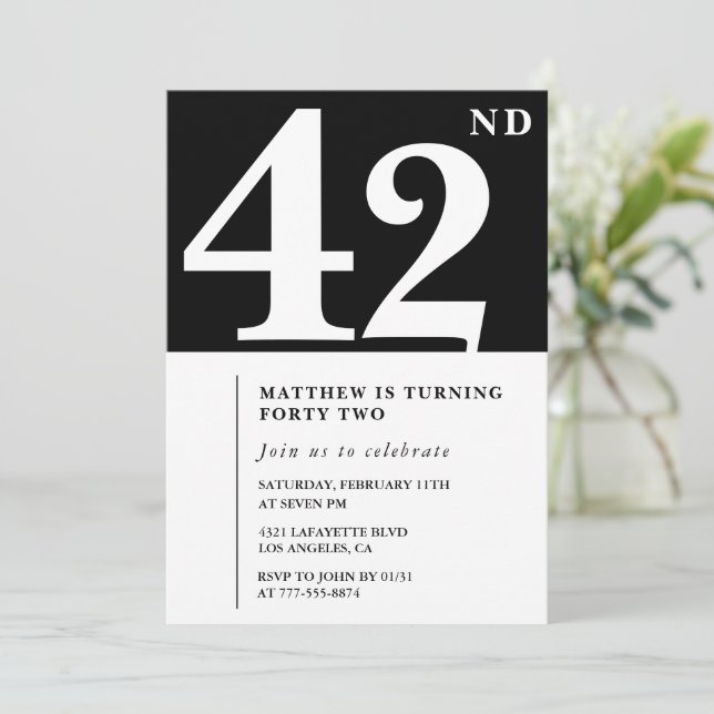 Black 42nd birthday invitation Elegant Chic Simple (Standing Front)