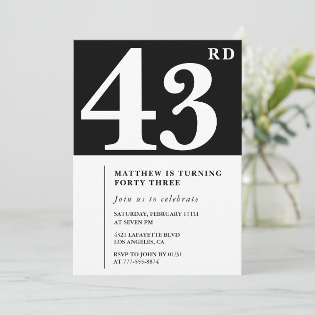 Black 43rd birthday invitation Elegant Chic Simple (Standing Front)