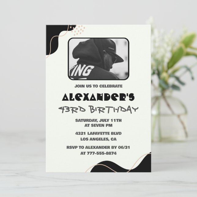 Black 43rd birthday invitations Men Simple Photo (Standing Front)