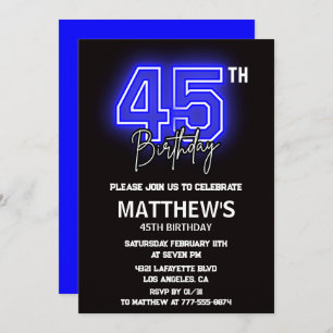 Black 45th birthday invitations Men Sport Neon