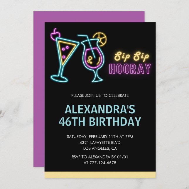 Black 46th birthday invitations Cocktail Neon Glow (Front/Back)