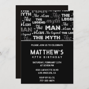 Black 47th birthday invitation for him Myth Legend