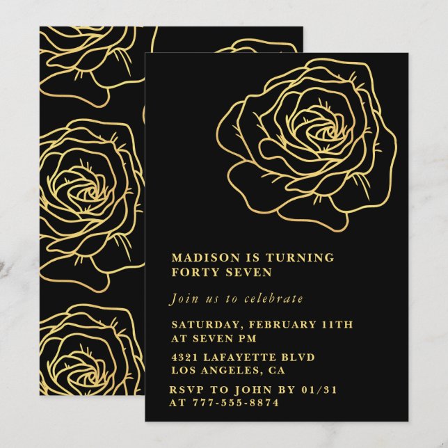 Black 47th birthday invitations Gold Floral (Front/Back)