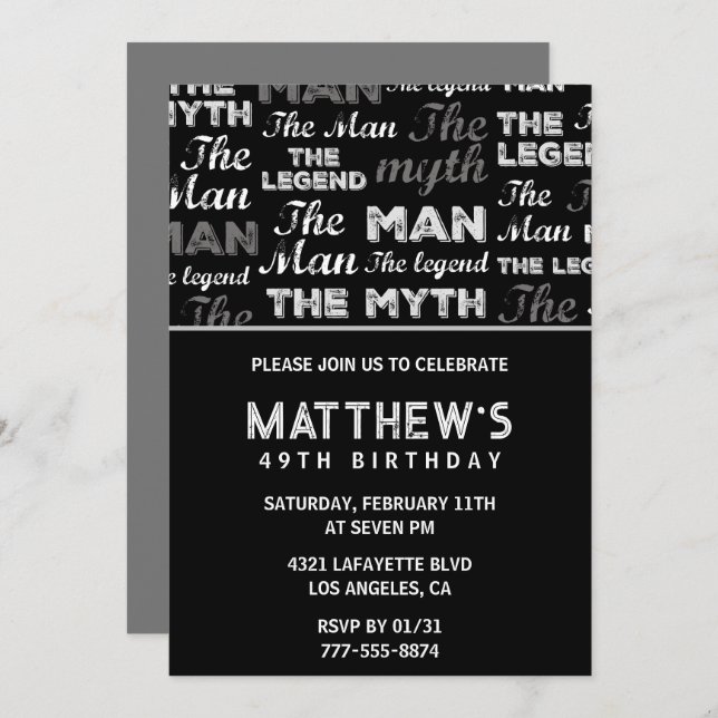 Black 49th birthday invitation for him Myth Legend (Front/Back)