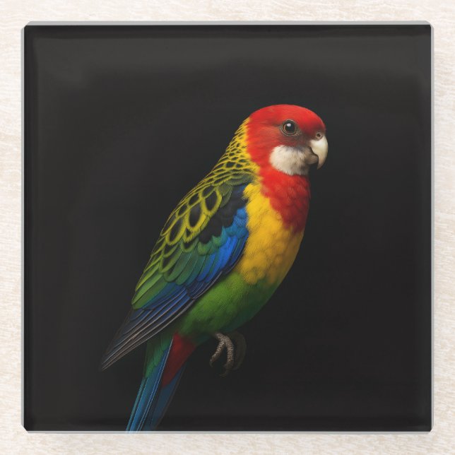 Black 4 Luxe Glass coaster, Eastern Rosella Coaster (Front)