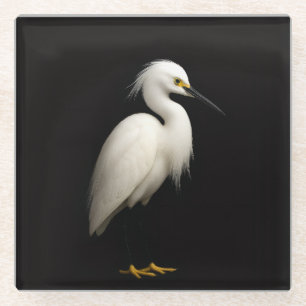 Black 4 Luxe Glass coaster, Elegant Snowy Egret Coaster