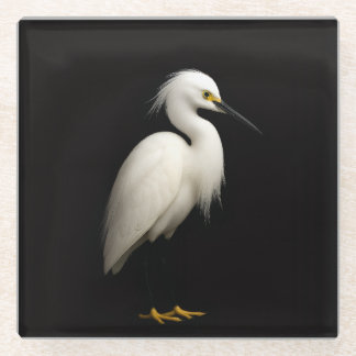 Black 4 Luxe Glass coaster, Elegant Snowy Egret Coaster