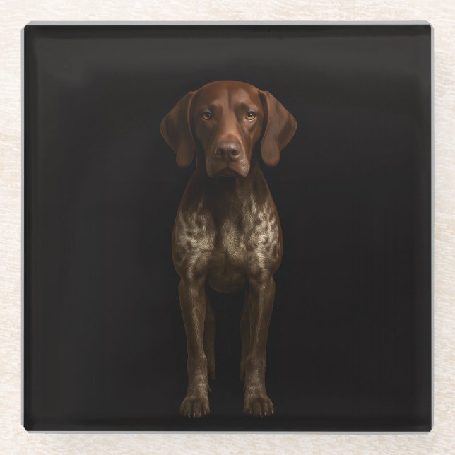 Black 4 Luxe Glass coaster, German Pointer Glass Coaster (Front)