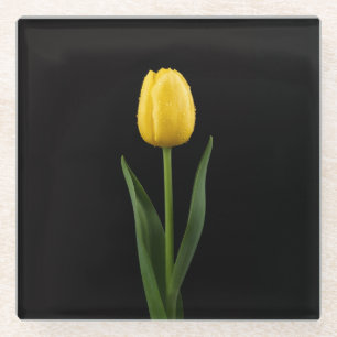 Black 4 Luxe Glass coaster, Golden Yellow Tulip Coaster