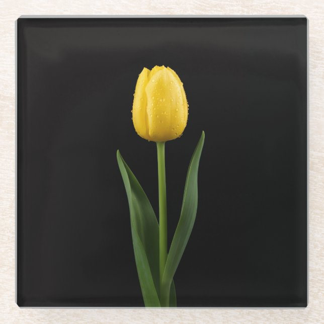 Black 4 Luxe Glass coaster, Golden Yellow Tulip Glass Coaster (Front)
