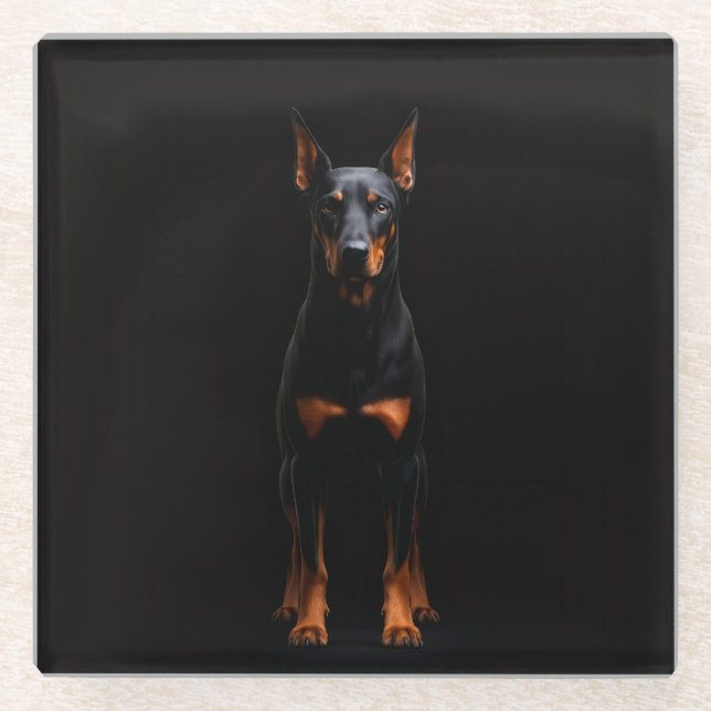 Black 4 Luxe Glass coaster, Guardian Doberman Dog Glass Coaster (Front)