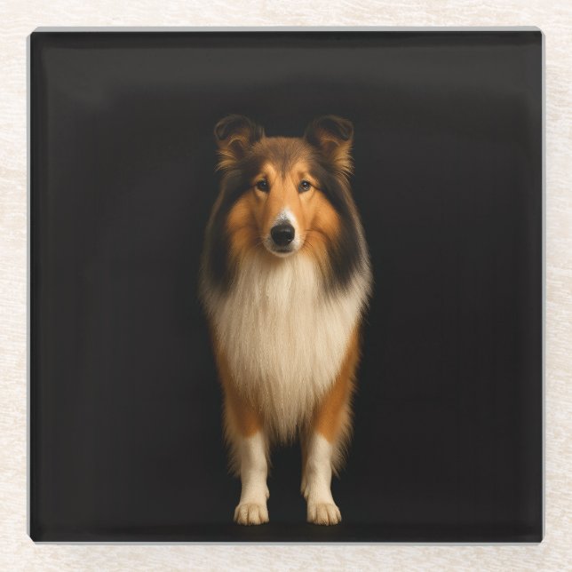 Black 4 Luxe Glass coaster, Loyal Collie Dog Coaster (Front)