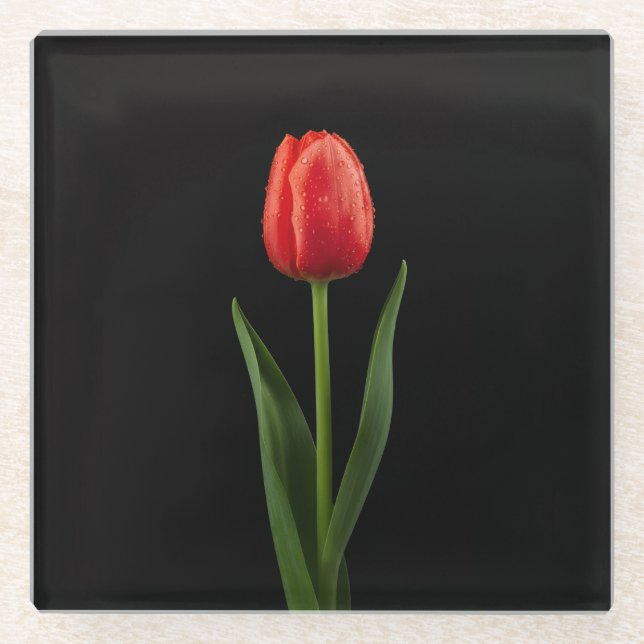 Black 4 Luxe Glass coaster, Ruby Red Tulip Coaster (Front)