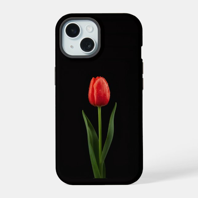 Black 4 Luxe iPhone 15 Case, Ruby Red Tulip Case (Back)