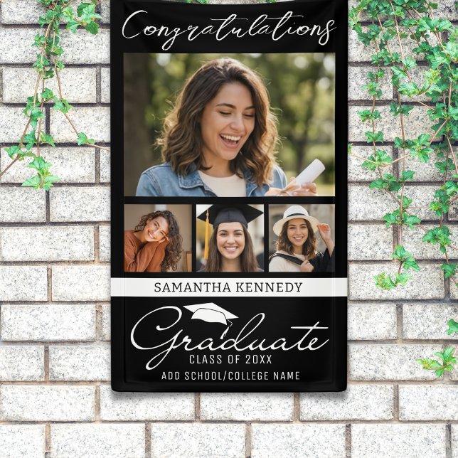 Black 4 Photo Collage Graduation Congratulations  Banner (Creator Uploaded)