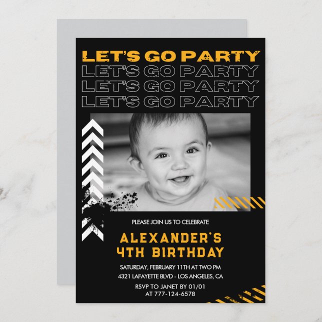 Black 4th birthday invitations Boy Photo Spray (Front/Back)