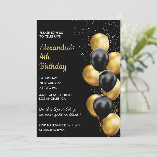 Black 4th birthday invitations Gold Glitter Glam  (Standing Front)