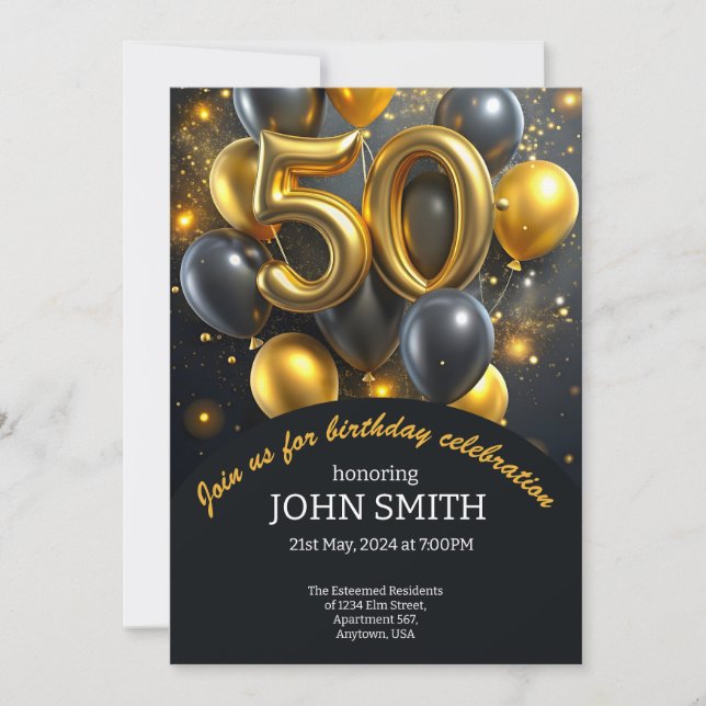 Black 50th birthday golden balloons glittering  invitation (Front)
