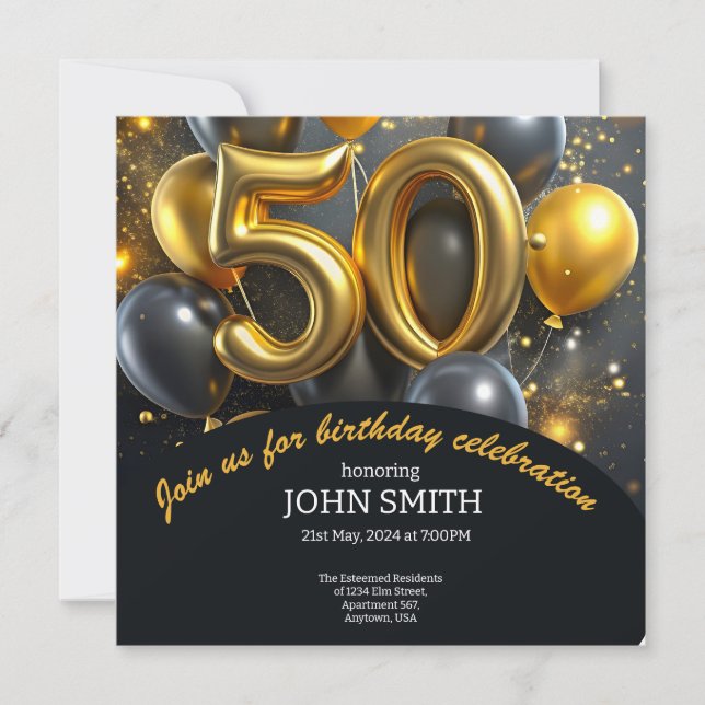 Black 50th birthday golden balloons glittering  save the date (Front)