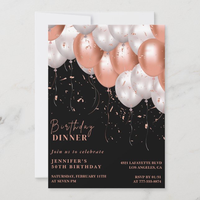 Black 50th birthday invitations Balloon Glam Pink (Front)