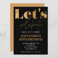 Black 50th birthday invitations Gold Elegant