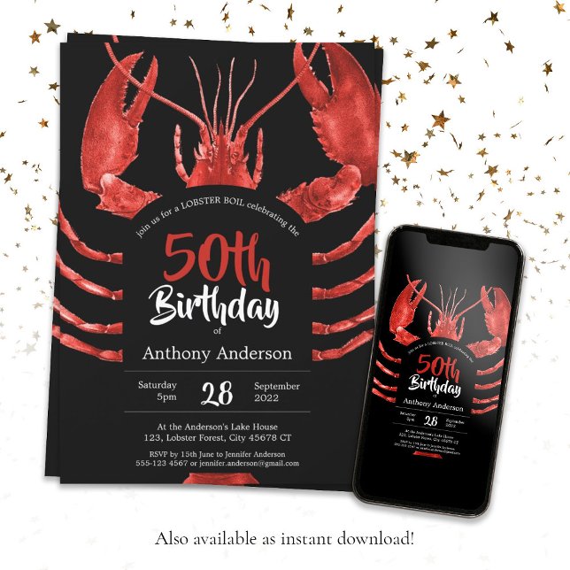 Black 50th Birthday Lobster Seafood Summer Custom Invitation (Black 50th Birthday Lobster Seafood Summer Custom Invitation)