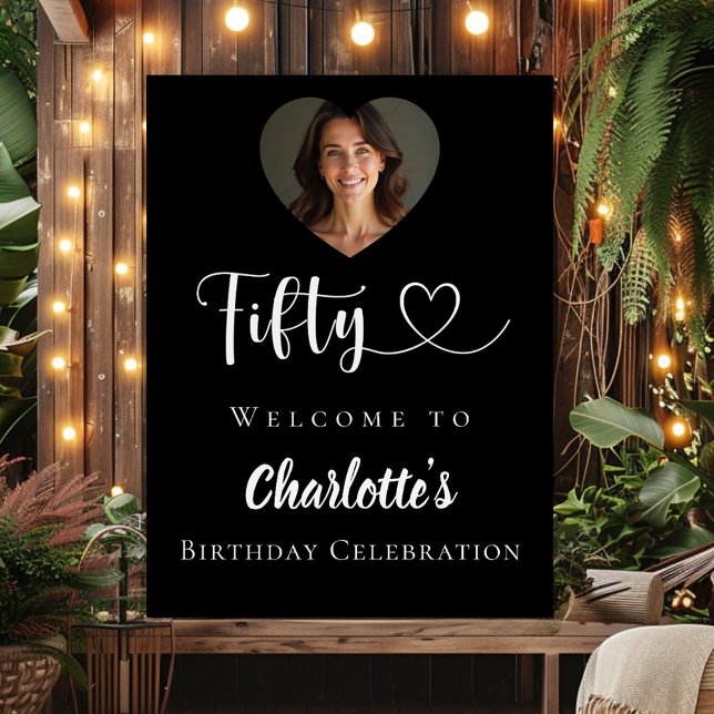 Black 50th birthday party photo heart welcome poster (Creator Uploaded)