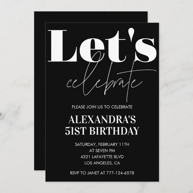 Black 51st birthday invitations Bold Typography  (Front/Back)