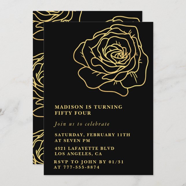 Black 54th birthday invitations Gold Floral (Front/Back)