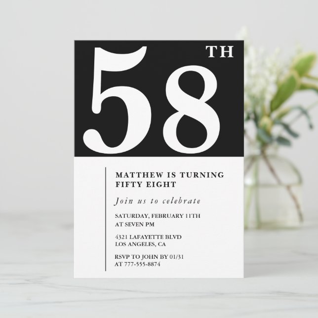 Black 58th birthday invitation Elegant Chic Simple (Standing Front)
