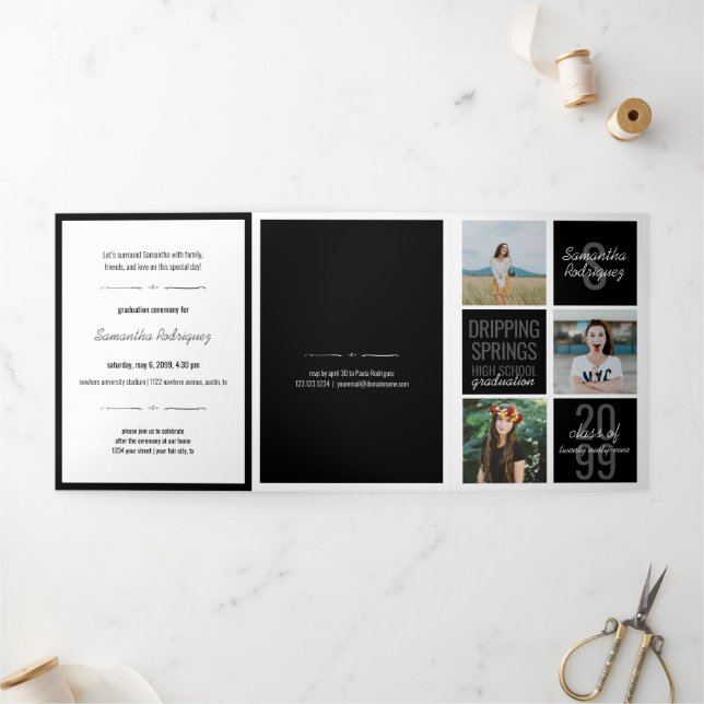 Black 5-Photo Fun Boxes Graduation Tri-Fold Invitation (Outside)
