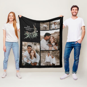Black 5 photo modern botanical family gift decor fleece blanket
