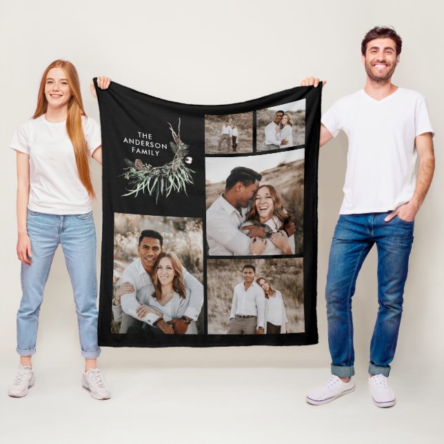 Black 5 photo modern botanical family gift decor fleece blanket (In Situ)