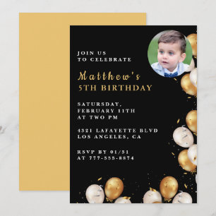 Black 5th birthday invitation Gold Balloon Photo 