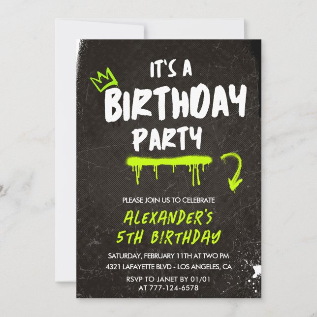 Black 5th birthday invitations boy Graffiti Paint (Front)