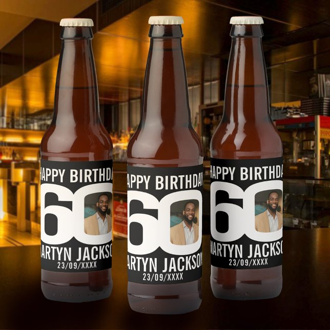 Black 60th Birthday custom photo name label (Creator Uploaded)