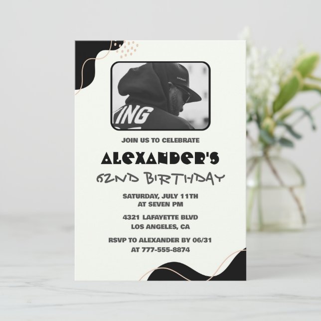 Black 62nd birthday invitations Men Simple Photo (Standing Front)