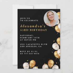 Black 63rd birthday invitation Gold Balloon Photo