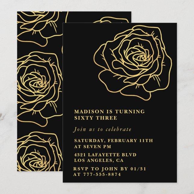 Black 63rd birthday invitations Gold Floral (Front/Back)