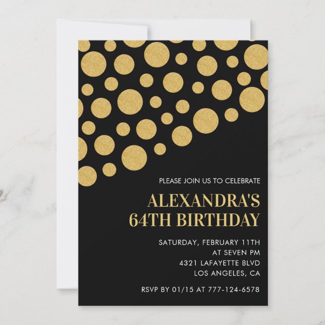 Black 64th birthday invitations Gold Confetti (Front)