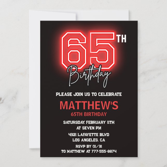 Black 65th birthday invitations Men Neon (Front)